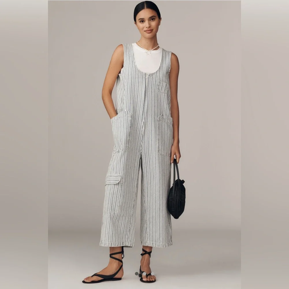 Pilcro Navy and White Zip-Up Utility Jumpsuit - Picture 6 of 10